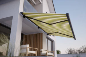 Modern retractable patio cover in turquoise over a contemporary patio